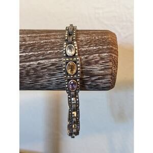 Vintage Sterling Marcasite Amethyst Citrine Blue Topaz Fold Over Clasp Bracelet